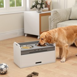 Koiran korotettu ruokintapiste säilytyskaapilla, 2 teräskulhoa, MDF, 60 x 30 x 35,5 cm, valkoinen