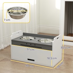 Koiran korotettu ruokintapiste säilytyskaapilla, 2 teräskulhoa, MDF, 60 x 30 x 35,5 cm, valkoinen