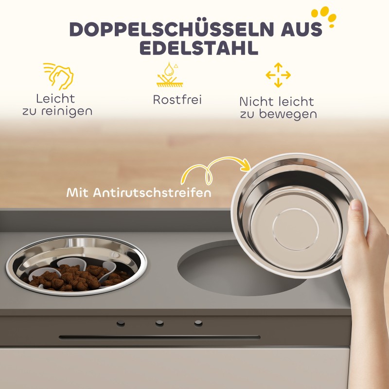 Koiran korotettu ruokintapiste säilytyskaapilla, 2 teräskulhoa, MDF, 60 x 30 x 35,5 cm, valkoinen