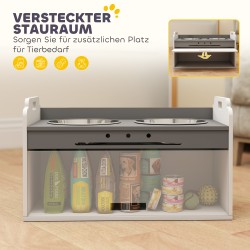 Koiran korotettu ruokintapiste säilytyskaapilla, 2 teräskulhoa, MDF, 60 x 30 x 35,5 cm, valkoinen