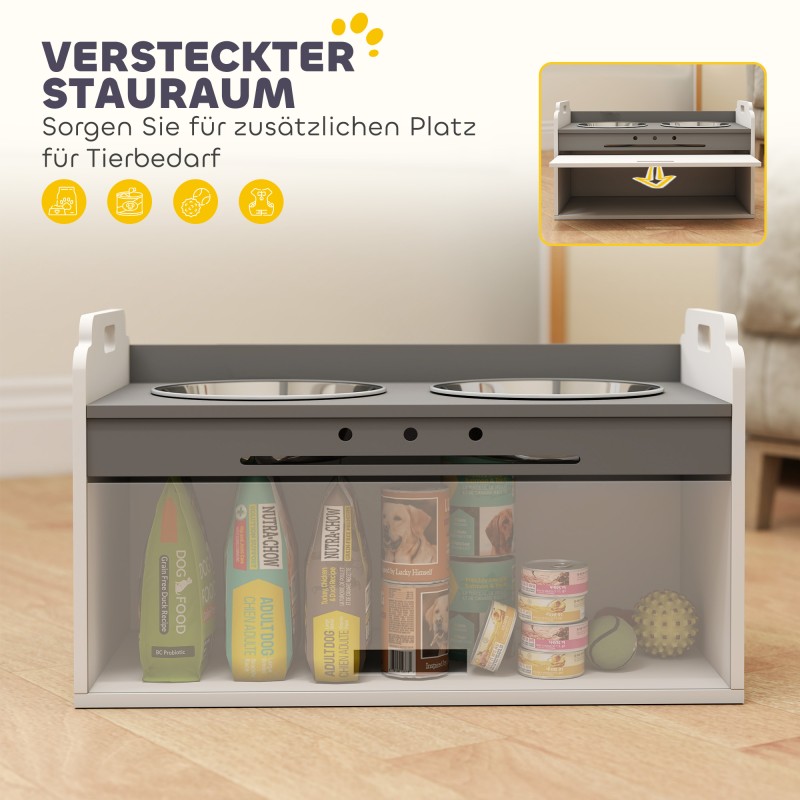 Koiran korotettu ruokintapiste säilytyskaapilla, 2 teräskulhoa, MDF, 60 x 30 x 35,5 cm, valkoinen