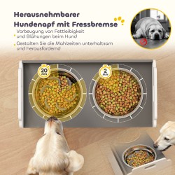 Koiran korotettu ruokintapiste säilytyskaapilla, 2 teräskulhoa, MDF, 60 x 30 x 35,5 cm, valkoinen