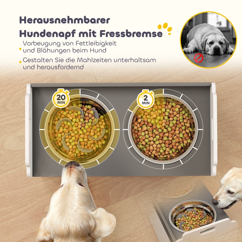 Koiran korotettu ruokintapiste säilytyskaapilla, 2 teräskulhoa, MDF, 60 x 30 x 35,5 cm, valkoinen