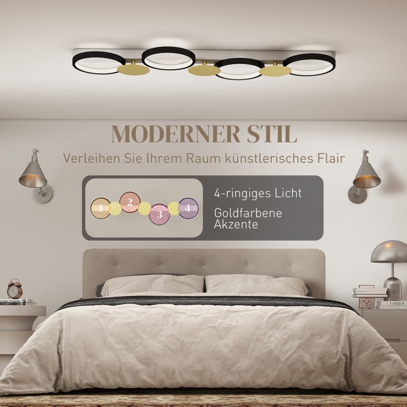 LED-kattovalaisin olohuoneeseen 38 W 1500 lm 3000K–6500K 4 rengasta kaukosäätimellä musta/kulta