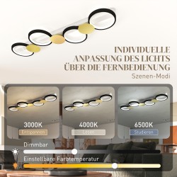 LED-kattovalaisin olohuoneeseen 38 W 1500 lm 3000K–6500K 4 rengasta kaukosäätimellä musta/kulta