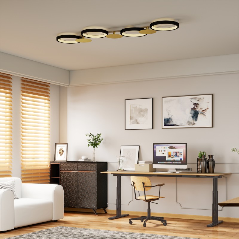 LED-kattovalaisin olohuoneeseen 38 W 1500 lm 3000K–6500K 4 rengasta kaukosäätimellä musta/kulta