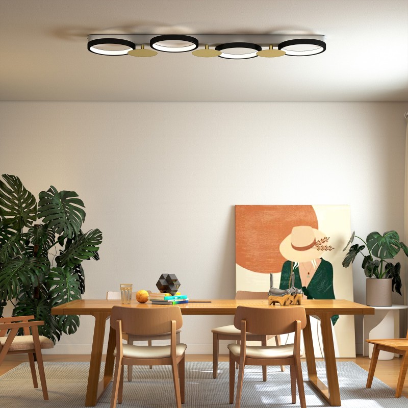 LED-kattovalaisin olohuoneeseen 38 W 1500 lm 3000K–6500K 4 rengasta kaukosäätimellä musta/kulta