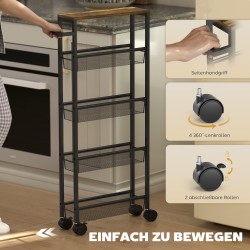 Kapea keittiön säilytysvaunu 5 tasoa 47 x 13 x 96,5 cm metallia ja melamiinia musta/ruskea