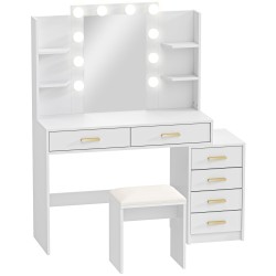 Kampauspöytä valopeilillä ja pehmustetulla jakkaralla 6 laatikkoa 4 hyllyä MDF valkoinen