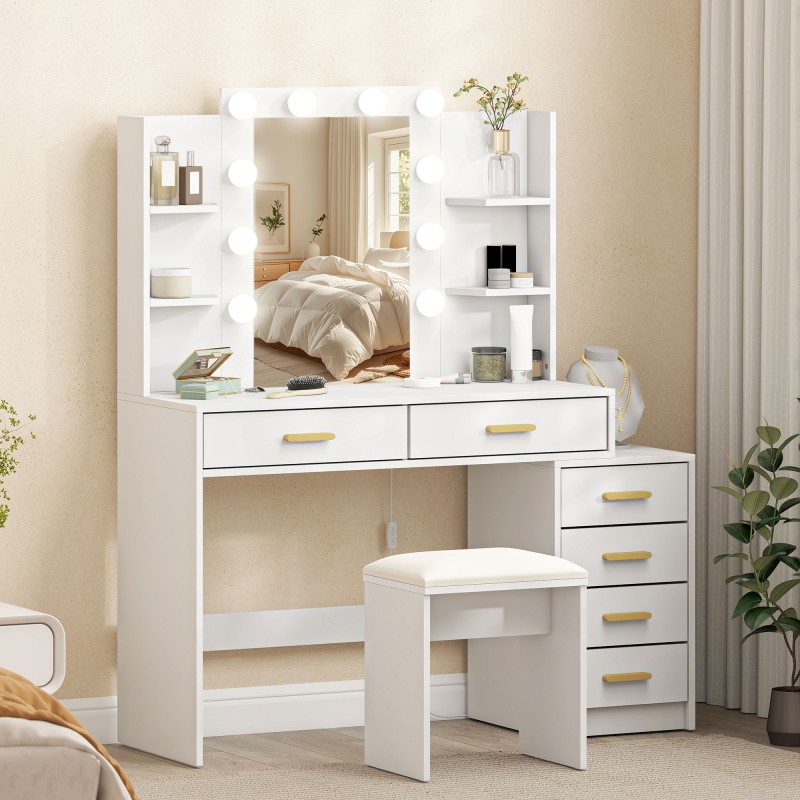 Kampauspöytä valopeilillä ja pehmustetulla jakkaralla, 6 laatikkoa, 4 hyllyä, MDF, valkoinen