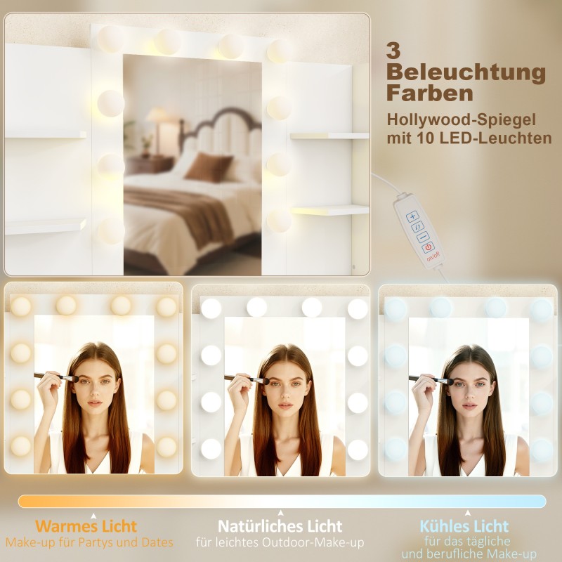 Kampauspöytä valopeilillä ja pehmustetulla jakkaralla, 6 laatikkoa, 4 hyllyä, MDF, valkoinen