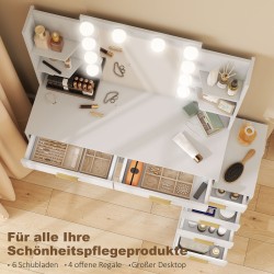 Kampauspöytä valopeilillä ja pehmustetulla jakkaralla, 6 laatikkoa, 4 hyllyä, MDF, valkoinen