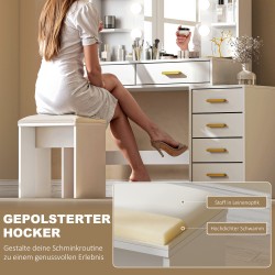 Kampauspöytä valopeilillä ja pehmustetulla jakkaralla, 6 laatikkoa, 4 hyllyä, MDF, valkoinen