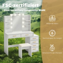 Kampauspöytä valopeilillä ja pehmustetulla jakkaralla, 6 laatikkoa, 4 hyllyä, MDF, valkoinen