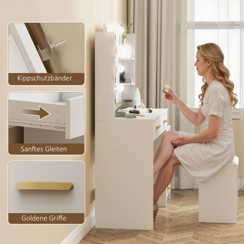 Kampauspöytä valopeilillä ja pehmustetulla jakkaralla, 6 laatikkoa, 4 hyllyä, MDF, valkoinen