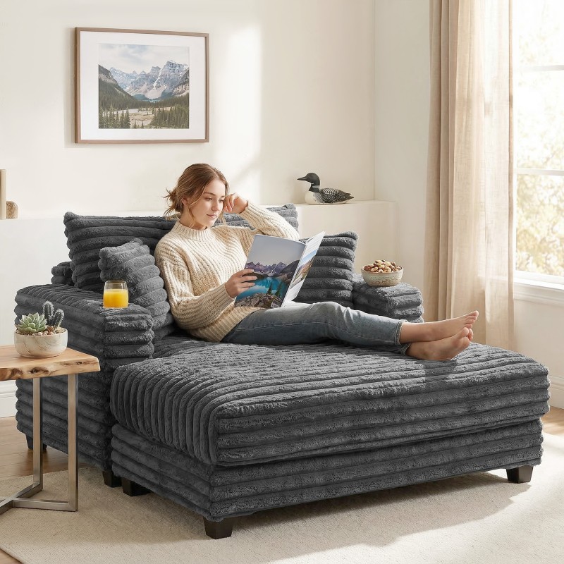 2-istuttava leposohva cord-kangasta 134 x 151 cm mukitelineillä, harmaa