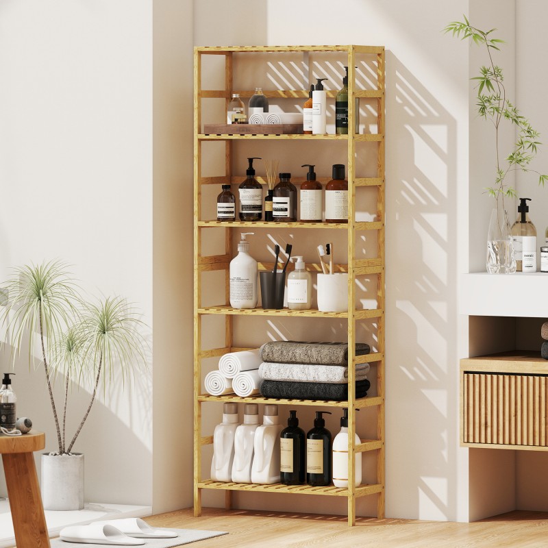 Bambuhylly 6 tasoa, säädettävät hyllyt, kapea vapaasti seisova säilytyshylly, luonnonvärinen, 60 x 26 x 161 cm