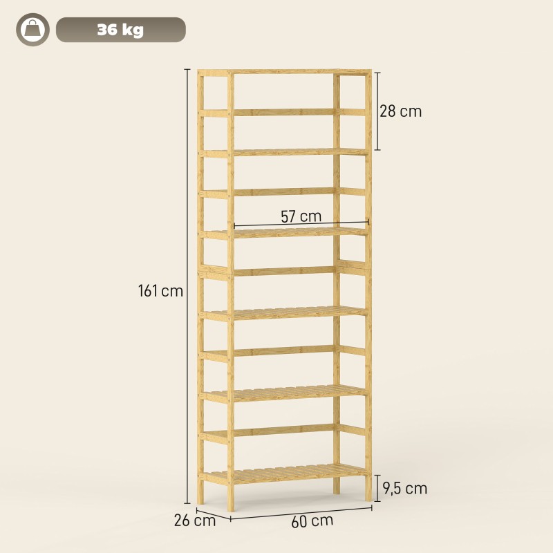 Bambuhylly 6 tasoa, säädettävät hyllyt, kapea vapaasti seisova säilytyshylly, luonnonvärinen, 60 x 26 x 161 cm