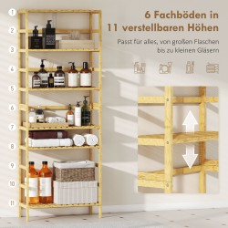 Bambuhylly 6 tasoa, säädettävät hyllyt, kapea vapaasti seisova säilytyshylly, luonnonvärinen, 60 x 26 x 161 cm