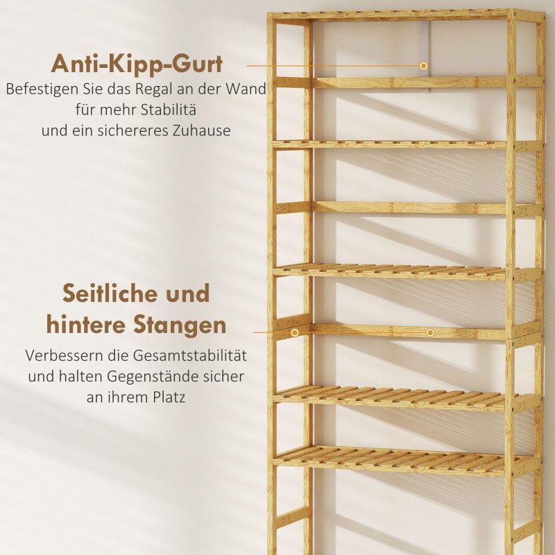 Bambuhylly 6 tasoa, säädettävät hyllyt, kapea vapaasti seisova säilytyshylly, luonnonvärinen, 60 x 26 x 161 cm