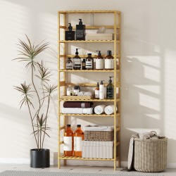 Bambuhylly 6 tasoa, säädettävät hyllyt, kapea vapaasti seisova säilytyshylly, luonnonvärinen, 60 x 26 x 161 cm