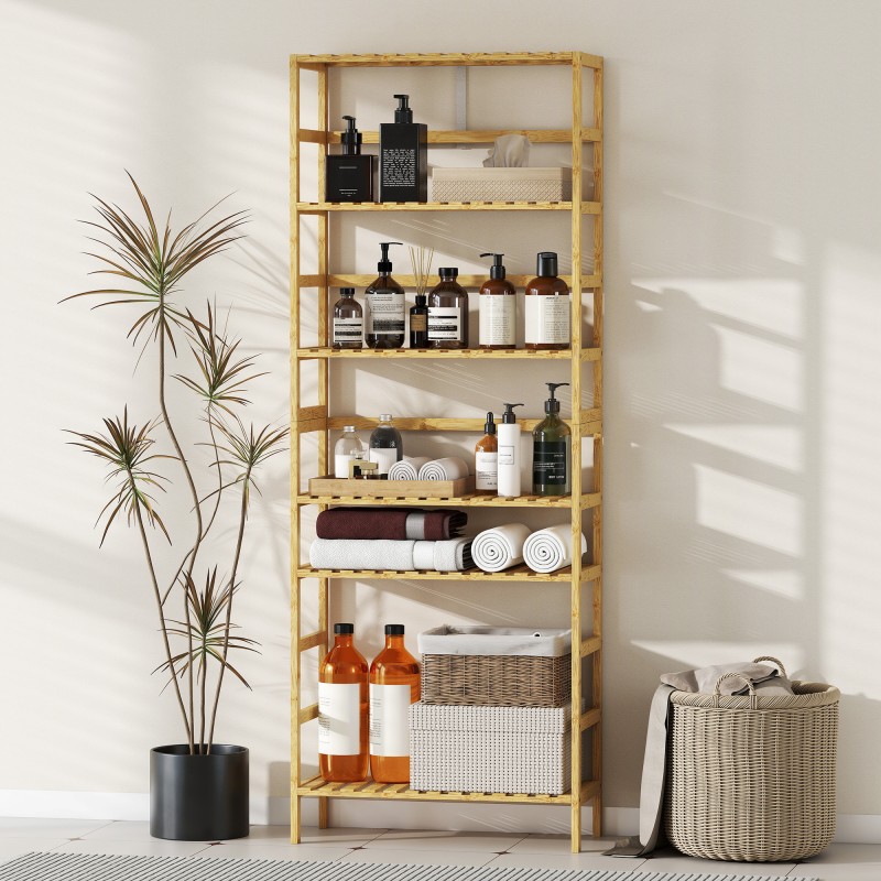 Bambuhylly 6 tasoa, säädettävät hyllyt, kapea vapaasti seisova säilytyshylly, luonnonvärinen, 60 x 26 x 161 cm