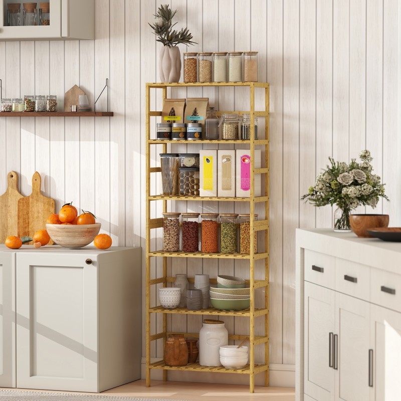 Bambuhylly 6 tasoa, säädettävät hyllyt, kapea vapaasti seisova säilytyshylly, luonnonvärinen, 60 x 26 x 161 cm