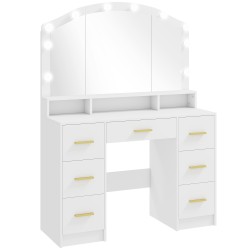 Meikkipöytä peilillä ja 10 LED Hollywood lampulla 7 laatikkoa 3 lokeroa MDF valkoinen