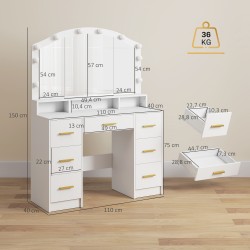 Meikkipöytä peilillä ja 10 LED-Hollywood-lampulla, 7 laatikkoa, 3 lokeroa, MDF, valkoinen