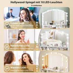 Meikkipöytä peilillä ja 10 LED-Hollywood-lampulla, 7 laatikkoa, 3 lokeroa, MDF, valkoinen