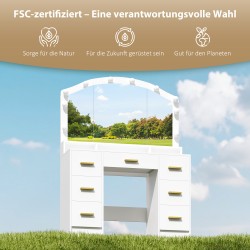 Meikkipöytä peilillä ja 10 LED-Hollywood-lampulla, 7 laatikkoa, 3 lokeroa, MDF, valkoinen