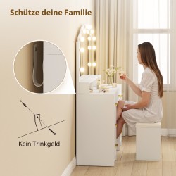 Meikkipöytä peilillä ja 10 LED-Hollywood-lampulla, 7 laatikkoa, 3 lokeroa, MDF, valkoinen