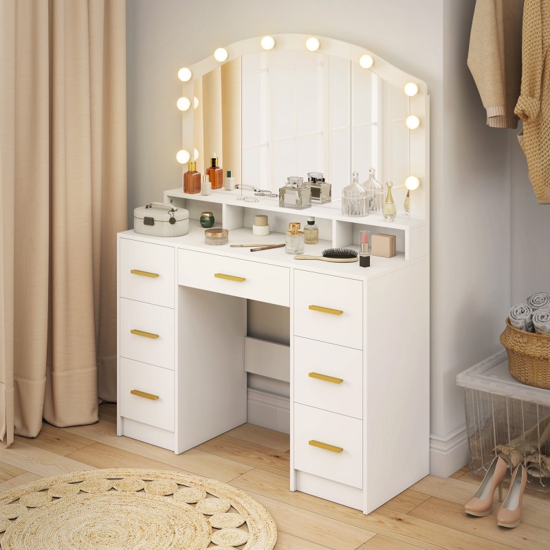 Meikkipöytä peilillä ja 10 LED-Hollywood-lampulla, 7 laatikkoa, 3 lokeroa, MDF, valkoinen