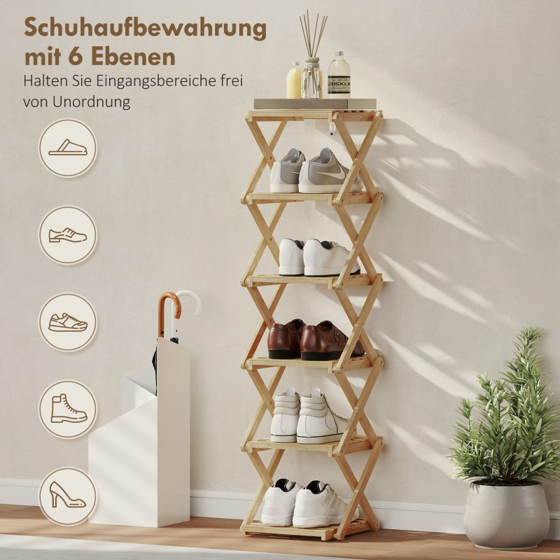 Kenkähylly eteiseen, taitettava bambu, 6 tasoa, enintään 9 paria kenkiä, 30 x 29 x 108 cm, luonnonpuu