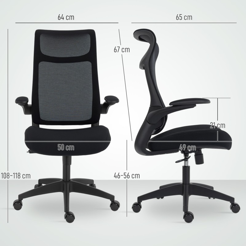 Ergonominen työtuoli 3D-käsinojilla, verkkoselkänoja, niskatuki ja keinutoiminto, musta