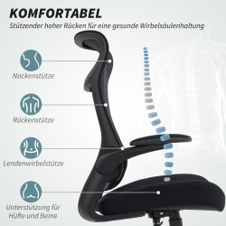 Ergonominen työtuoli 3D-käsinojilla, verkkoselkänoja, niskatuki ja keinutoiminto, musta