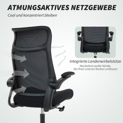 Ergonominen työtuoli 3D-käsinojilla, verkkoselkänoja, niskatuki ja keinutoiminto, musta
