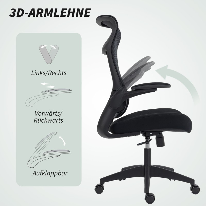 Ergonominen työtuoli 3D-käsinojilla, verkkoselkänoja, niskatuki ja keinutoiminto, musta