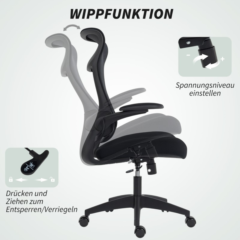 Ergonominen työtuoli 3D-käsinojilla, verkkoselkänoja, niskatuki ja keinutoiminto, musta