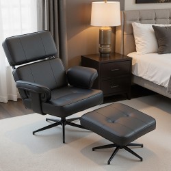 Säädettävä lepotuoli ja jalkarahi, keinonahka, metallijalka, musta