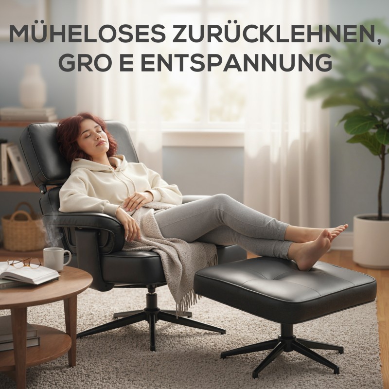 Säädettävä lepotuoli ja jalkarahi, keinonahka, metallijalka, musta