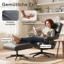 Säädettävä lepotuoli ja jalkarahi, keinonahka, metallijalka, musta