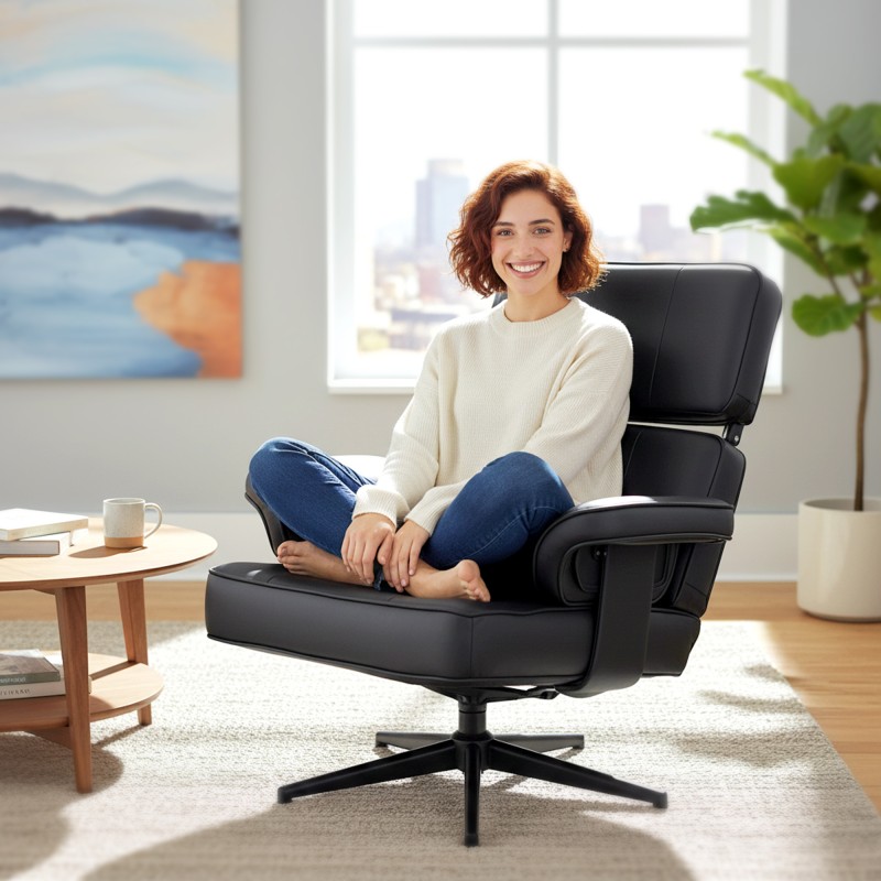 Säädettävä lepotuoli ja jalkarahi, keinonahka, metallijalka, musta