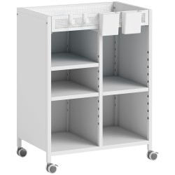 Säilytysvaunu pyörillä 4 tasoinen säädettävillä hyllyillä ja riippukoreilla 53 x 34 x 69 5 cm valkoinen