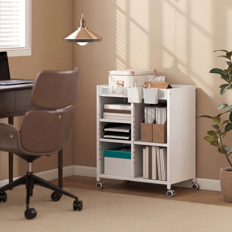 Säilytysvaunu pyörillä 4-tasoinen säädettävillä hyllyillä ja riippukoreilla 53 x 34 x 69,5 cm valkoinen