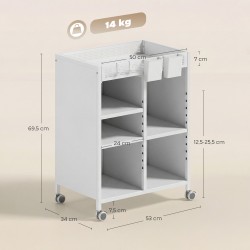 Säilytysvaunu pyörillä 4-tasoinen säädettävillä hyllyillä ja riippukoreilla 53 x 34 x 69,5 cm valkoinen