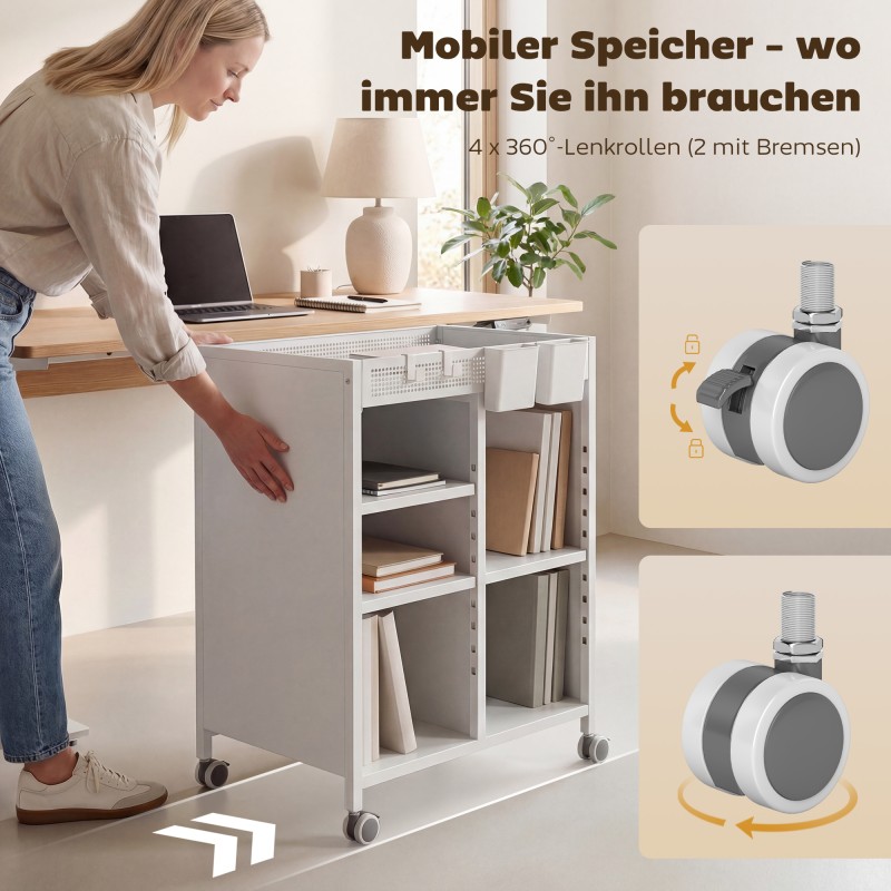 Säilytysvaunu pyörillä 4-tasoinen säädettävillä hyllyillä ja riippukoreilla 53 x 34 x 69,5 cm valkoinen