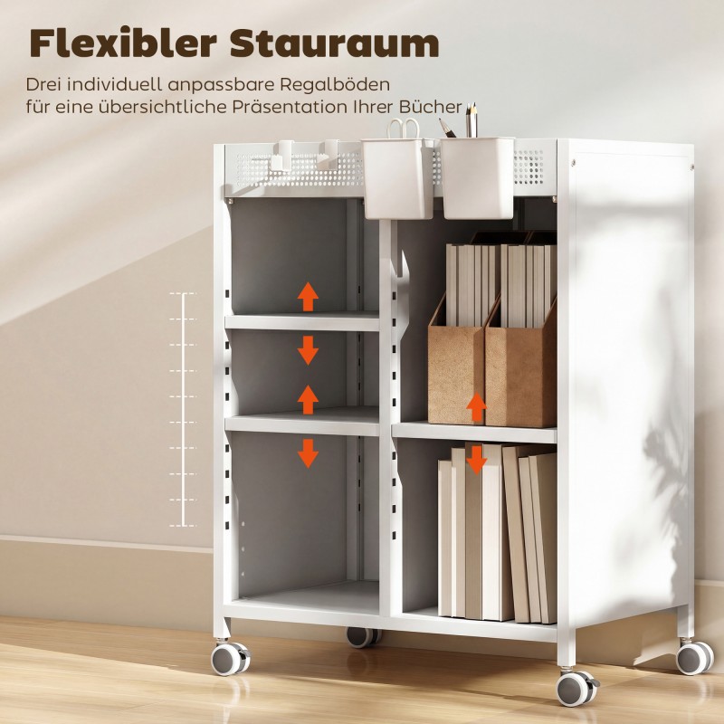 Säilytysvaunu pyörillä 4-tasoinen säädettävillä hyllyillä ja riippukoreilla 53 x 34 x 69,5 cm valkoinen