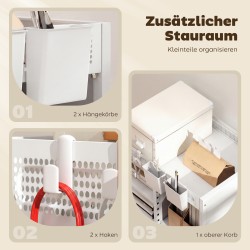 Säilytysvaunu pyörillä 4-tasoinen säädettävillä hyllyillä ja riippukoreilla 53 x 34 x 69,5 cm valkoinen