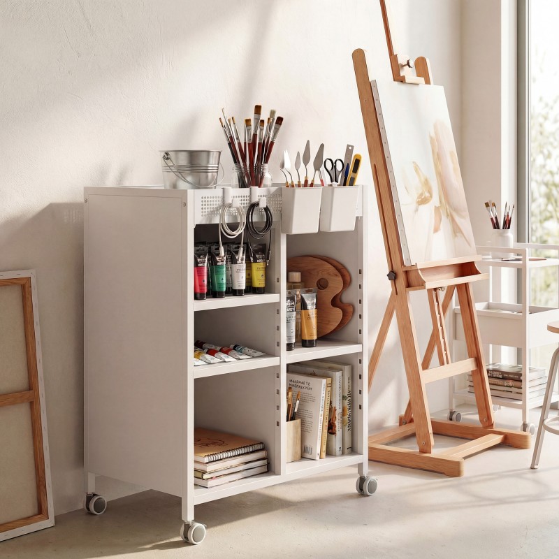 Säilytysvaunu pyörillä 4-tasoinen säädettävillä hyllyillä ja riippukoreilla 53 x 34 x 69,5 cm valkoinen